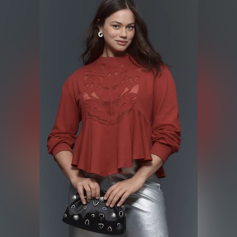 NWT Size XS - Anthropologie Cotton Cutwork Swing Top -Color Wine (NWT US$ 128)